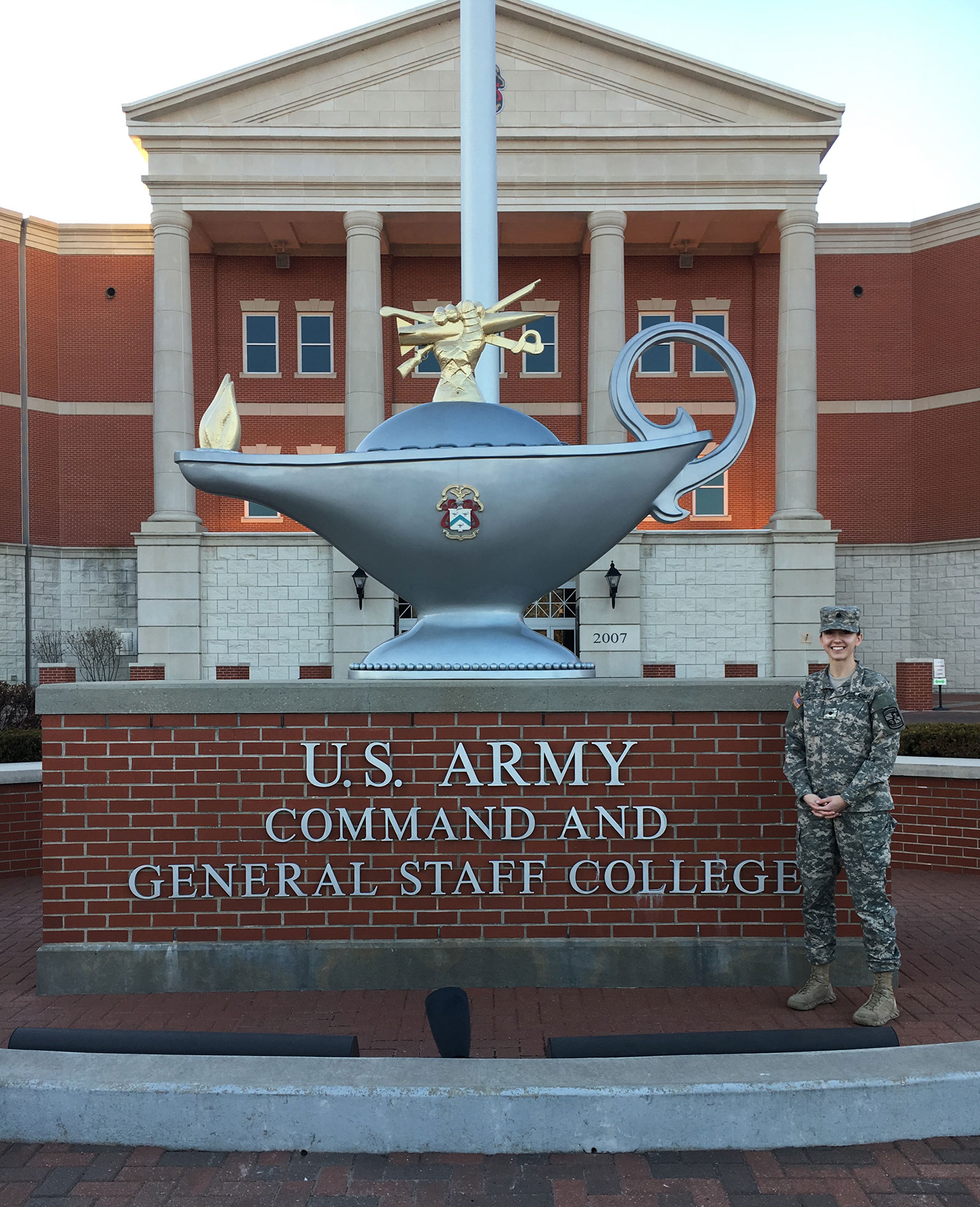 ROTC Student Jessica Bates Stands in front of the U. S. Army Command and General Staff College