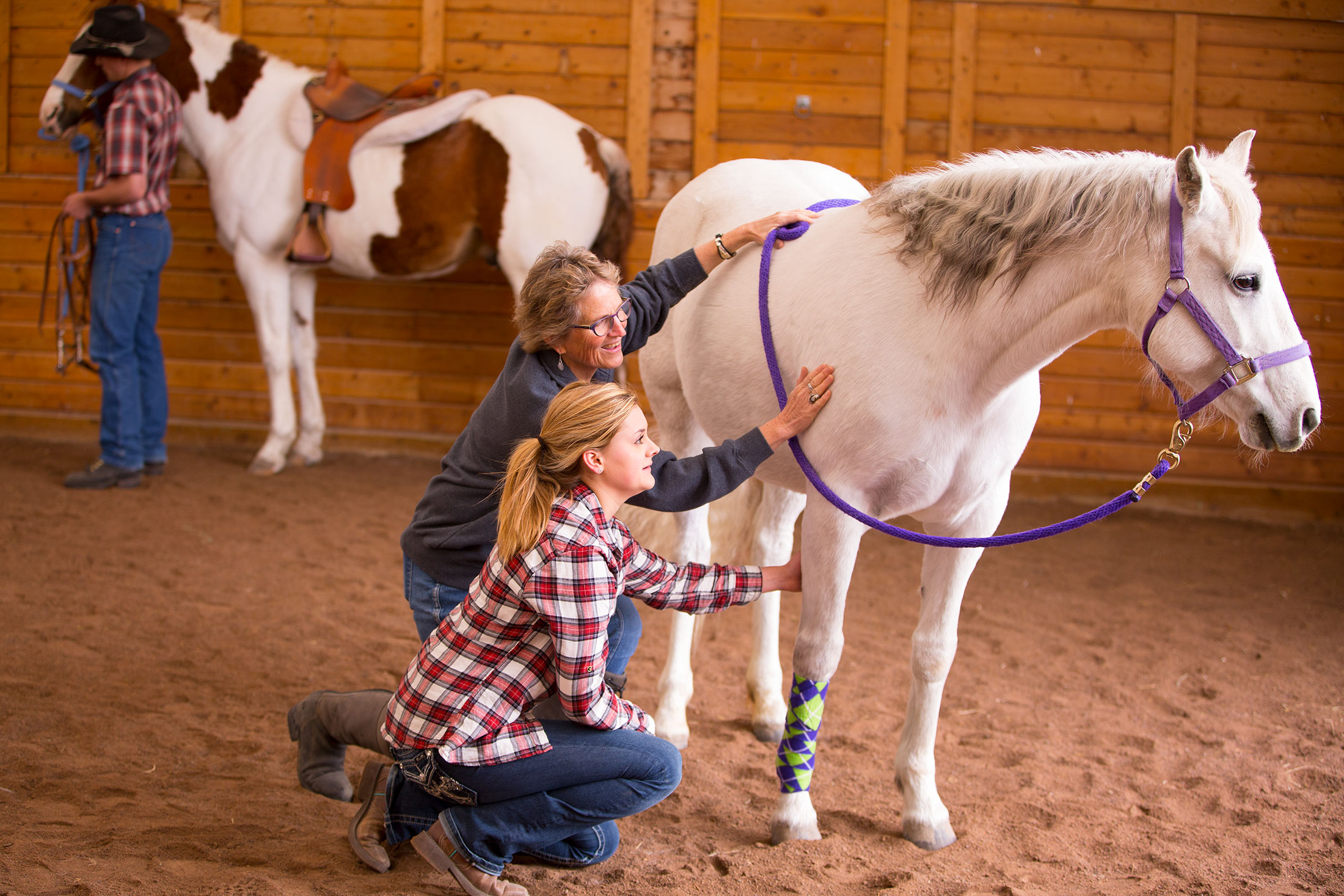 Maria Suthers and Hanna Roberts working with a horse