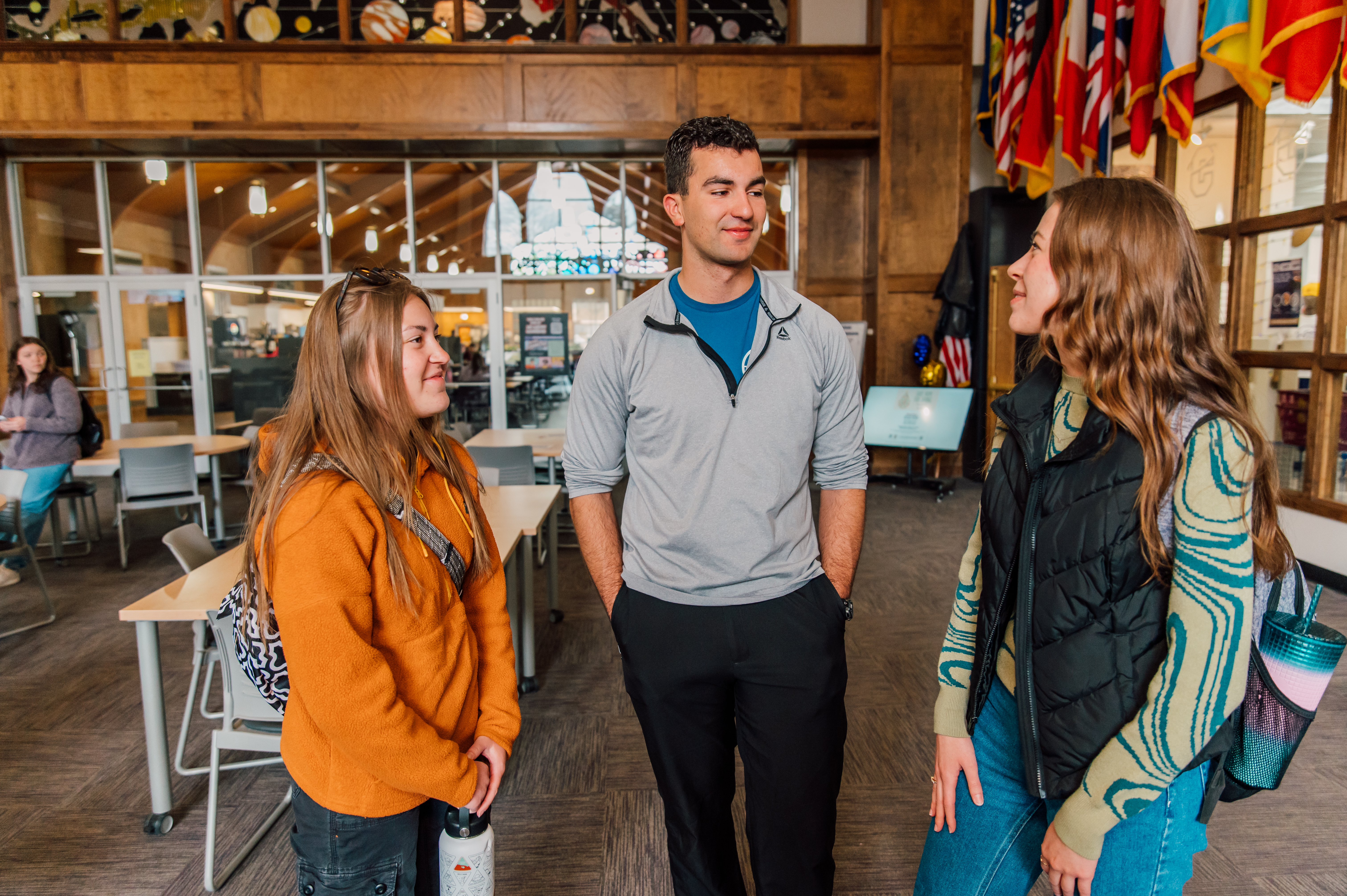 Three students in Campus Center