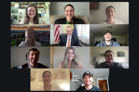 ANCU students and faculty meet via Zoom with Montana's United States Senator Jon Tester (pictured at center) as part of their Leadership & Management course. (Fun fact: Senator Tester's daughter is a graduate of Carroll's nursing program.)