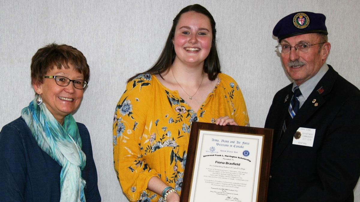 Photo of Fiona Brasfield receiving the Reverend Frank Lawrence Harrington (ANAVICUS) Scholarship