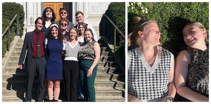 Talking Saints team members on steps and in the grass at Berkeley